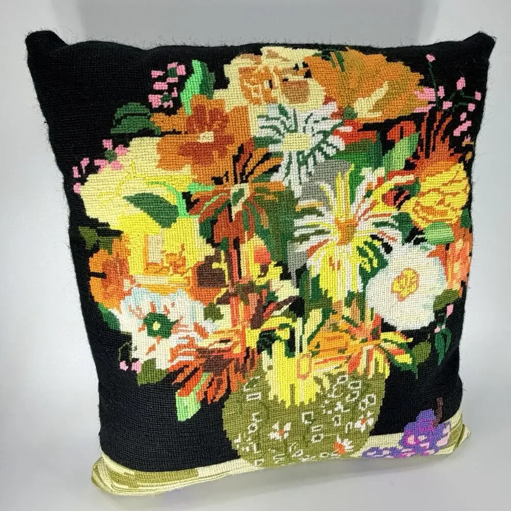 Vtg Handmade Needlepoint Throw Pillow Black Green Yellow Bouquet Vase Boho 16